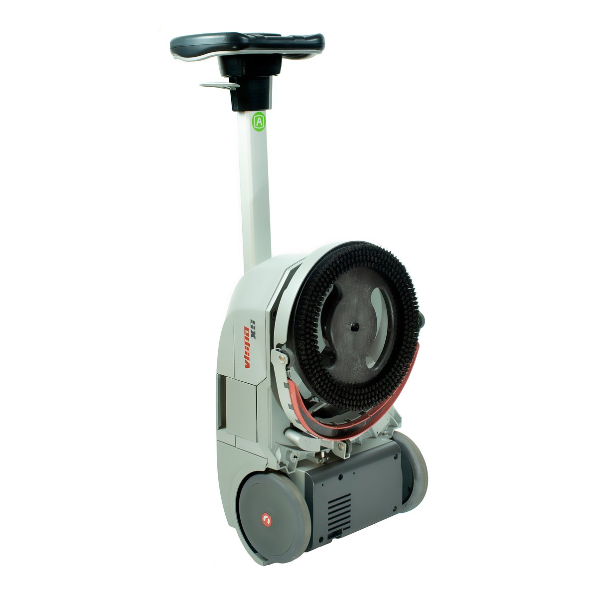 Comac Vispa XS od przodu z odchyloną głowicą — aluminiowa rama, szczotka tarczowa Ø 28 cm i płoza ssawy