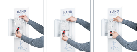 Technik pokazuje jak łatwo można wymienić wkłady w dozownikach mydła w piance i płynie SF1 Satino by Wepa